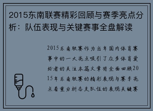 2015东南联赛精彩回顾与赛季亮点分析：队伍表现与关键赛事全盘解读